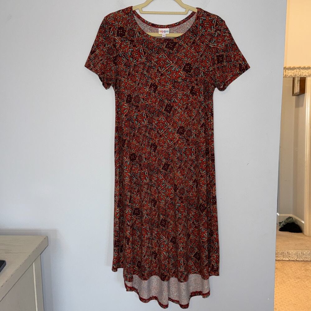 LuLaRoe Carly Swing Dress Size XS Orange Floral Pocket Stretch Hi-Low Hem